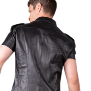 Chemise en cuir coupe classique noire pour homme, faux cuir, manches courtes, boutonnée, haut fétiche - Product Image 6