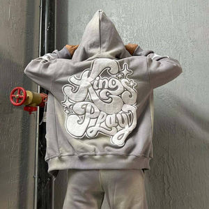 ชุดเซ็ตแทรคสูทสีเทา กางเกงวอร์มทรงบานพิมพ์ลายสกรีนพัฟฟ์สไตล์วินเทจผ้าฝ้ายแท้ 100% สำหรับผู้ชาย พร้อมเสื้อฮู้ดซิปเต็มตัว - Product Image 3