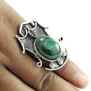 Malachite naturelle Améthyste Gemme Artisan Look Style Ethnique Bague Unique Argent Sterling Oxydé 925 Bijoux Indiens Faits à la Main - Product Image 2