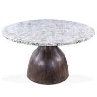 Mesa de Comedor con Base de Madera en Forma de Campana, Hecha a Mano, con Acabado en Marrón Cacao Oscuro, Tapa Redonda de Mármol con Textura Natural