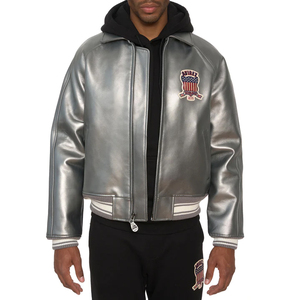 Men's High Quality Winter Jacket Best Selling Silver Color <b>Stand</b> Collar Leather Avirex Jacket - Product Image 3