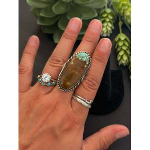 Chassity Belone <b>Adjustable</b> <b>Ring</b> 8 Turquoise & Sterling Silver Cluster Bezel Setting Stainless Steel Gift GRS Certified - Product Image 2