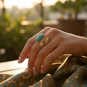 Bague en argent 925 avec grappe de turquoise pour femmes, bijoux bohèmes élégants avec pierre précieuse taillée, matériau platine, cadeau - Product Image 2