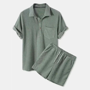 New Fashion <b>Men</b> Custom <b>Shirt</b> and Shorts Set <b>Corduroy</b> <b>Men</b> Summer High Quality Two Piece Short Set Reasonable Price OEM Service - Product Image 1