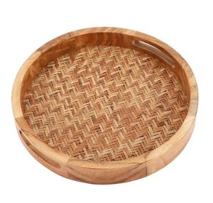 ถาดไม้อะคาเซียทำด้วยมือถาดไม้ไผ่ทรงกลมพร้อมที่จับถาดเสิร์ฟตกแต่งโต๊ะสำหรับอาหารเช้า - Product Image 1