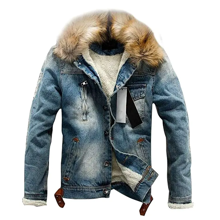 Men winter jean style jacket fur collar faux fur lining jeans denim jacket factory wholesale