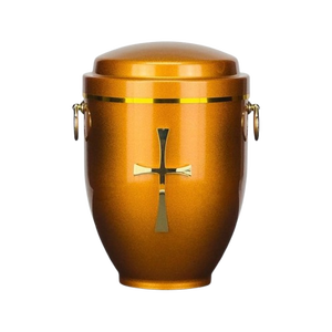 Metal urn in gold with handles and cross - Product Image 1