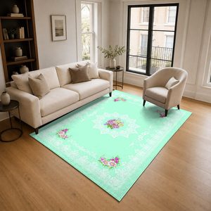 Tapis de salon en chenille imprimé numériquement, lavable en machine, antidérapant, vert sauge, style moderne et vintage, modèle LXDP-1019, vente en gros - Product Image 2