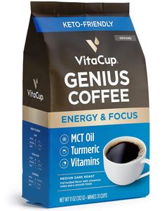 VitaCup Genius Ground Keto Coffee w/Turmeric, MCT Oil, B Vitamins, D3, Ground Coffee Medium Dark Roast, Bold & Smooth, 11 oz - Product Image 4