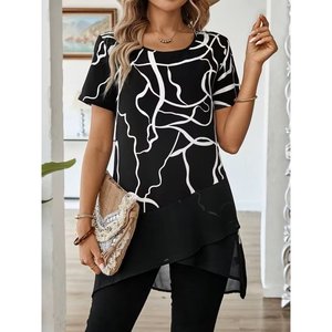 Women's Short-Sleeved Crew Neck Patterned <b>Top</b> Sandy Bottom <b>Tulle</b> Asymmetrical Detail Blouse, 35768 - Black - Product Image 1