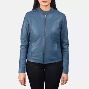 Blouson de motard en cuir véritable bleu pour femme, col montant, épaules matelassées, en peau de mouton, fermeture éclair sur le devant, poches, coupe ajustée, vêtement d'extérieur - Product Image 2