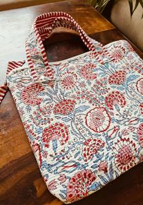 100% Pure Cotton <b>Quilted</b> Laptop Case Handmade Business Style 15\"-17\" Laptop Protector Bag in Creamy White Red Floral Print - Product Image 2