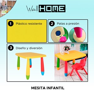 Juego de Mesa Infantil Rectangular Amarilla con 2 Sillas 73x58x48 cm, Muebles Infantiles de Plástico Resistente - Product Image 2