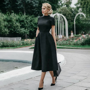 Oferta Especial: Vestido Midi Elegante de Seda/Algodón Tejido para Mujer, Estilo Vintage, Cintura Baja, Satinado, con Cremallera, Lavable, Cuello Redondo, Manga Corta - Product Image 1