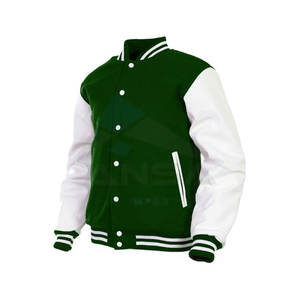 Chaqueta Varsity de Invierno Personalizada para Hombre, Mangas de Cuero, Cuerpo de Mezcla de Lana, Ajuste Ceñido, Cuello y Puños Acanalados, Ligera, Cálida, Verde - Product Image 1
