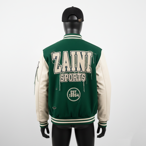 Veste universitaire en laine de haute qualité Corps vert Manches à panneaux crème Broderie en chenille Logo personnalisé Veste universitaire pour hommes - Product Image 5