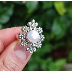 Handmade Boho Floral <b>Statement</b> <b>Ring</b> Sterling <b>Silver</b> with Pearls for Birthday Anniversary Christmas Valentine's Day Gift - Product Image 2