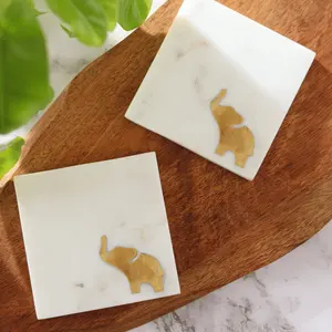 Elephant Design White Marble Tea Coasters for Home, Office, Cafe | OEM Bulk Wholesale Durable Heat-Resistant Table Protector - Product Image 3