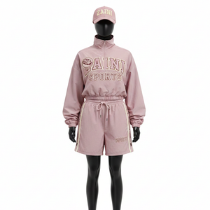 Ensemble short coupe-vent pour femmes, tissu polyester lisse, panneaux contrastés, logo brodé, ensemble short coupe-vent grande taille - Product Image 6