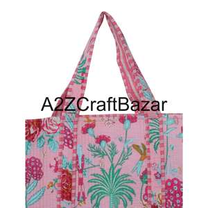 Sac fourre-tout en coton matelassé pour femmes, écologique, grand format, imprimé à la main, style bohème rayé, pour le transport quotidien, exposition - Product Image 3