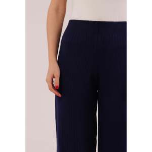 Pantalon large respirant bleu marine en maille avec taille côtelée et taille haute, vente en gros - Product Image 4