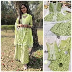 Coton rayonne imprimé avec dentelle lourde dans le cou et les manches belle coupe Kurta pantalon Dupatta ensemble tenue décontractée costume de robe traditionnelle - Product Image 2