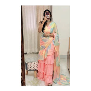 Lehenga Saree-ropa de fiesta de lujo, top de 3 capas con volantes y estampado de Georgette, estilo Boutique Premium - Product Image 1