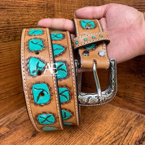 New Arrival Genuine Leather <b>Western</b> Hand Tooled and Hand Painted Floral <b>Belts</b> Real Handmade Tooled Leather Unisex Waist <b>Belts</b> - Product Image 1