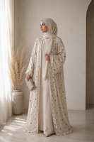 Setelan Abaya 3 Potong Ramadan EID Muslimah Elegan Mewah Berhias Manik-Manik Linen Bordir Tangan Terbuka (Kimono + Gaun Dalam + Hijab)