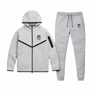 Ensemble de survêtement pour homme, veste à capuche zippée et pantalon de jogging en polaire technique, gris chiné, vêtements de sport pour l'entraînement - Product Image 1