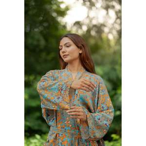 Kimono de Satén de Lujo Estilo Boho para Mujer, Estampado Floral en Naranja, Rosa y Azul, Túnica de Playa para Ocasiones Especiales de Verano, por Regal House - Product Image 2