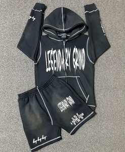 Trajes de chándal personalizados Conjunto de 2 piezas Serigrafía Bordado Diamantes de imitación Chándales para hombres Zip Hoodie Short Set - Product Image 6