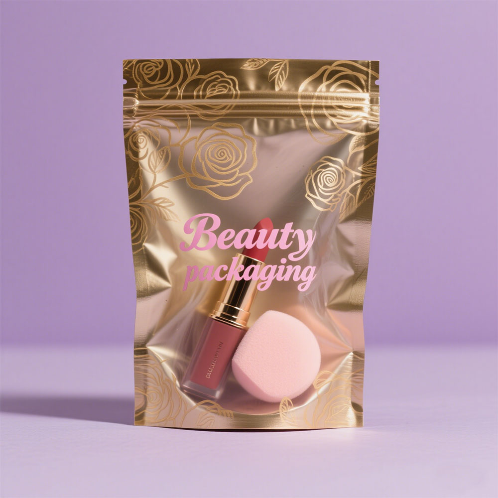 Hot Selling Custom Logo Embossed Holographic Zipper Glossy Gold Spot UV Packaging Poly Bag for Beauty Blush Earphones Computers