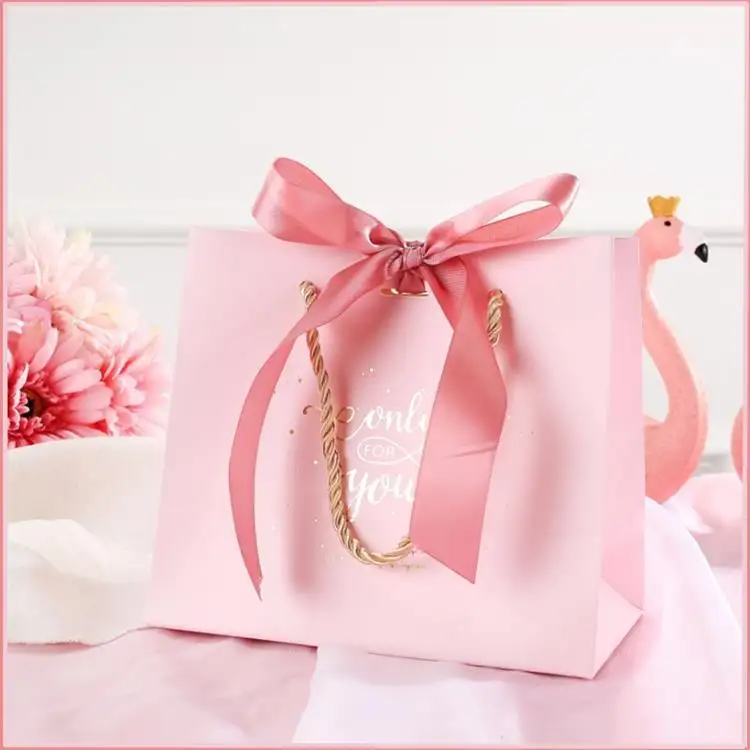 Rosa con borsa a mano in carta a nastro grazie sacchetti regalo con manici Mini borsa Goody per matrimoni di compleanno e qualsiasi occasione