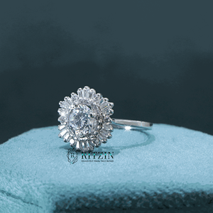 Anillo de compromiso pesado estilo floral diamante corte baguette redondo y cónico para mujer - Product Image 4