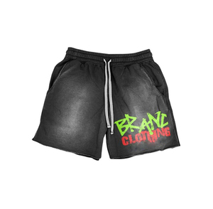 Venta caliente pantalones cortos de lana Vintage personalizados Puff impreso sol desteñido sudor ácido lavado pantalones cortos con angustia para hombres - Product Image 1