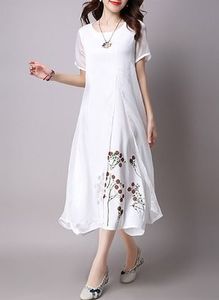 Elegant Vintage Embroidered <b>Dresses</b> Boho Long Loose <b>Women's</b> Summer Beach Linen Floral Casual Elegant Midi <b>Dress</b> - Product Image 2