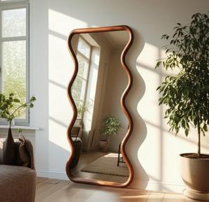 Elegant Handmade Art Deco <b>Large</b> Asymmetric Full Body <b>Mirror</b> Walnut <b>Wood</b> Curvy Frame for Entryway and Bedroom - Product Image 4