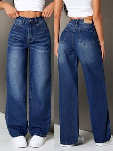 Pantalons en jean cargo droits à taille mi-haute en denim extensible décontracté pour femmes grandes tailles, coupe confortable, parfait pour le port quotidien - Product Image 4