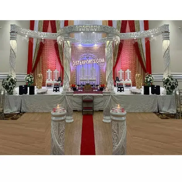 Kaufen Sie elegantes Design Faser Kristall Hochzeit Mandap Diamant Hochzeit Spiral Säulen Mandap Hochzeit Weiß LED beleuchtet Indoor Manda pam