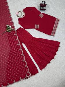 ชุดสูท plazzo pakistani สีแดงเข้ม COLOUR foux gette sharara เป็นลำดับสำหรับงานแต่งงาน - Product Image 2