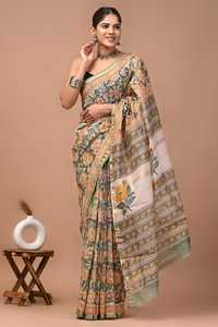 Sari en soie Chanderi pure imprimé à la main avec pièce de blouse – Sari élégant en soie Chanderi pure – Vêtement ethnique imprimé à la main - Product Image 3