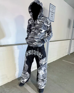 Custom Camo Patchwork Tracksuit Set | Heavyweight 100% Cotton Hoodie & Sweatpants | Applique Embroidery Zipper Sweatsuit for Men - Product Image 2