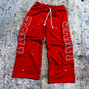 กางเกงแทร็คผ้าคอตตอนหนาน้ำหนักมากสำหรับผู้ชาย สไตล์ไฮสตรีท ทรงตรง ขากว้าง จั๊มพ์เอว ทรงแบ็กกี้ ล้างสีแบบแอซิดฟอก ซันเฟด ประดับคริสตัล - Product Image 5