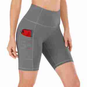 Shorts de sport taille haute pour femme avec poches, séchage rapide, fitness, yoga, gris, en spandex et polyester tricoté - Product Image 1
