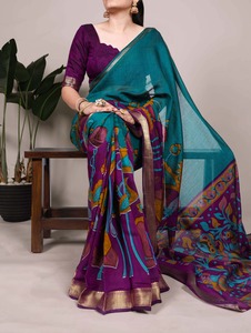 Designer Polyester Viscose Chanderi Avec Floral Imprimé Et Zari Tissage Travail Saree Femme Mode À Pas Cher Rtae - Product Image 4