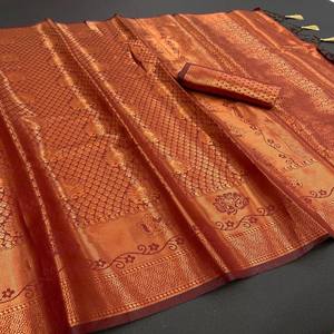 Sari en soie Banarasi élégant et doux avec des fils de cuivre sur toute la surface et un tissage jacquard, vêtement ethnique haut de gamme pour les occasions spéciales - Product Image 1