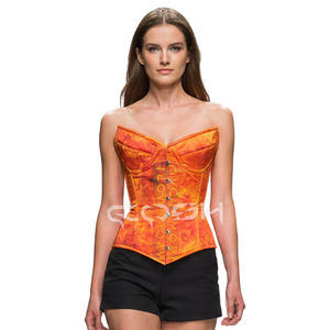 Corset bustier surbuste pour femme, fait main, à imprimé abstrait orange, style vintage, à armatures, avec fermeture à busk avant - Product Image 4