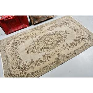 Alfombra vintage de 3.9x7 pies (120x212 cm), alfombra turca con diseño de plantas y árboles marrones - Product Image 2