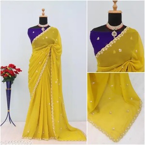 ชุดเซ็ตเทรนด์ส่าหรีสำหรับเจ้าสาวชุดปาร์ตี้ส่าหรีสีเหลืองสุดพิเศษแบบอินเดีย - Product Image 4